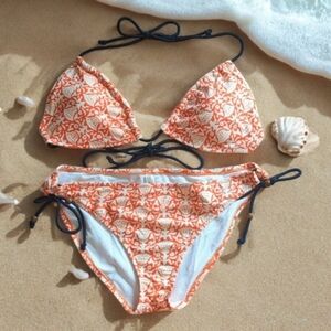 American Eagle Outfitters Orange & Cream String Bikini w Black Beaded Ties L/XL